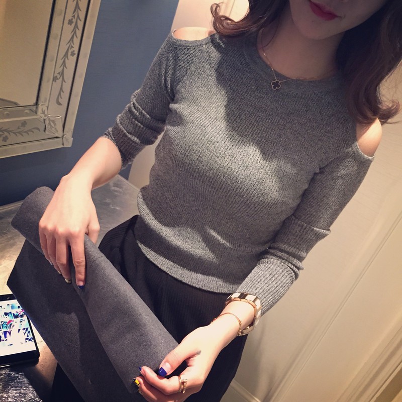 2020 new autumn / winter Korean Pullover long sleeve T-shirt tight top with open shoulder and slim body