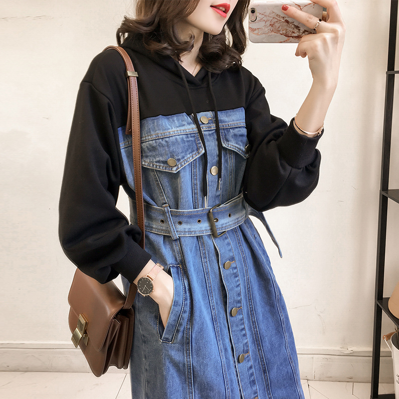 Fake two piece Korean hooded patchwork denim dress for women's middle and long loose waist slit knee length sweater skirt winter