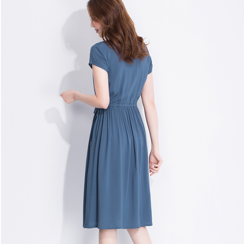 2020 summer new women's cotton silk dress women's short sleeve round neck solid color show thin, waist closing medium length large swing skirt